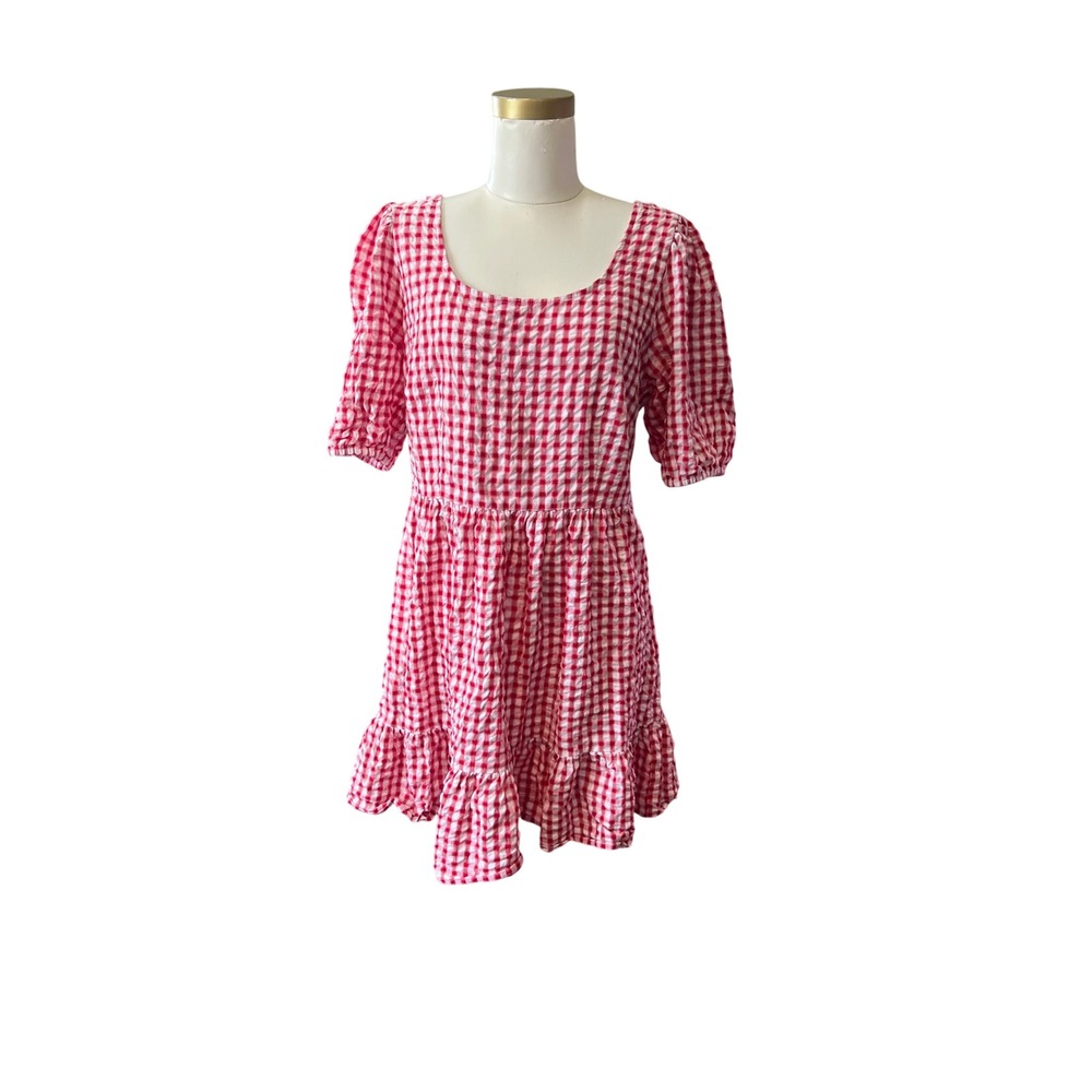 LOFT Women's Size 12‎ Red White Gingham Open Back Ruffle Mini Dress